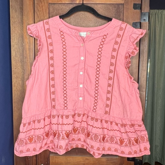 LOFT Floral Embroidered Henley Peplum Shell Top Strawberry Slush Cottagecore L - Picture 2 of 5